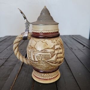 Avon Vintage 1977 Stein Collection Sail Boats Sailboat Rope Handle Glazed Brown